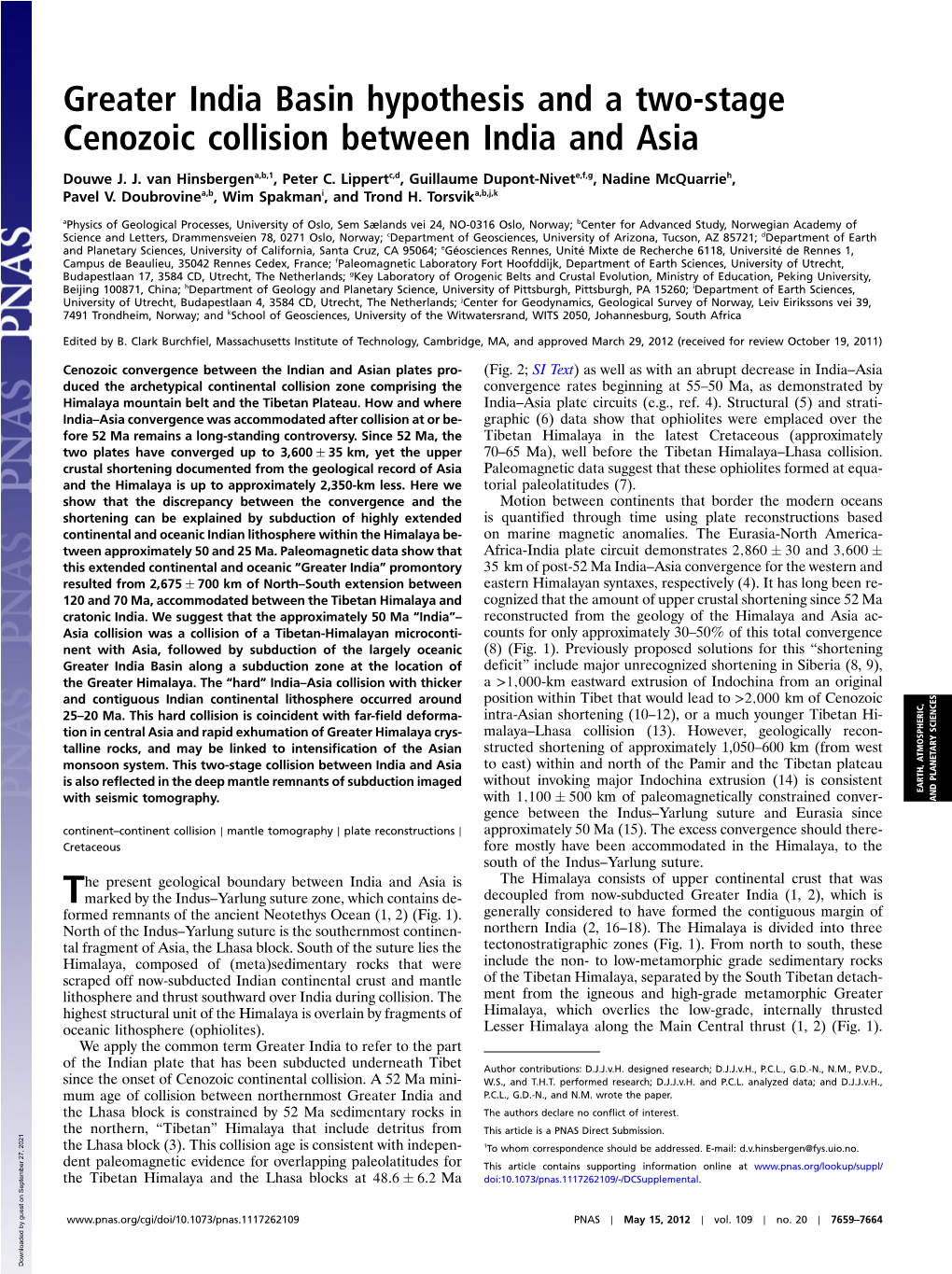 Greater India Basin Hypothesis and a Two-Stage Cenozoic Collision Between India and Asia