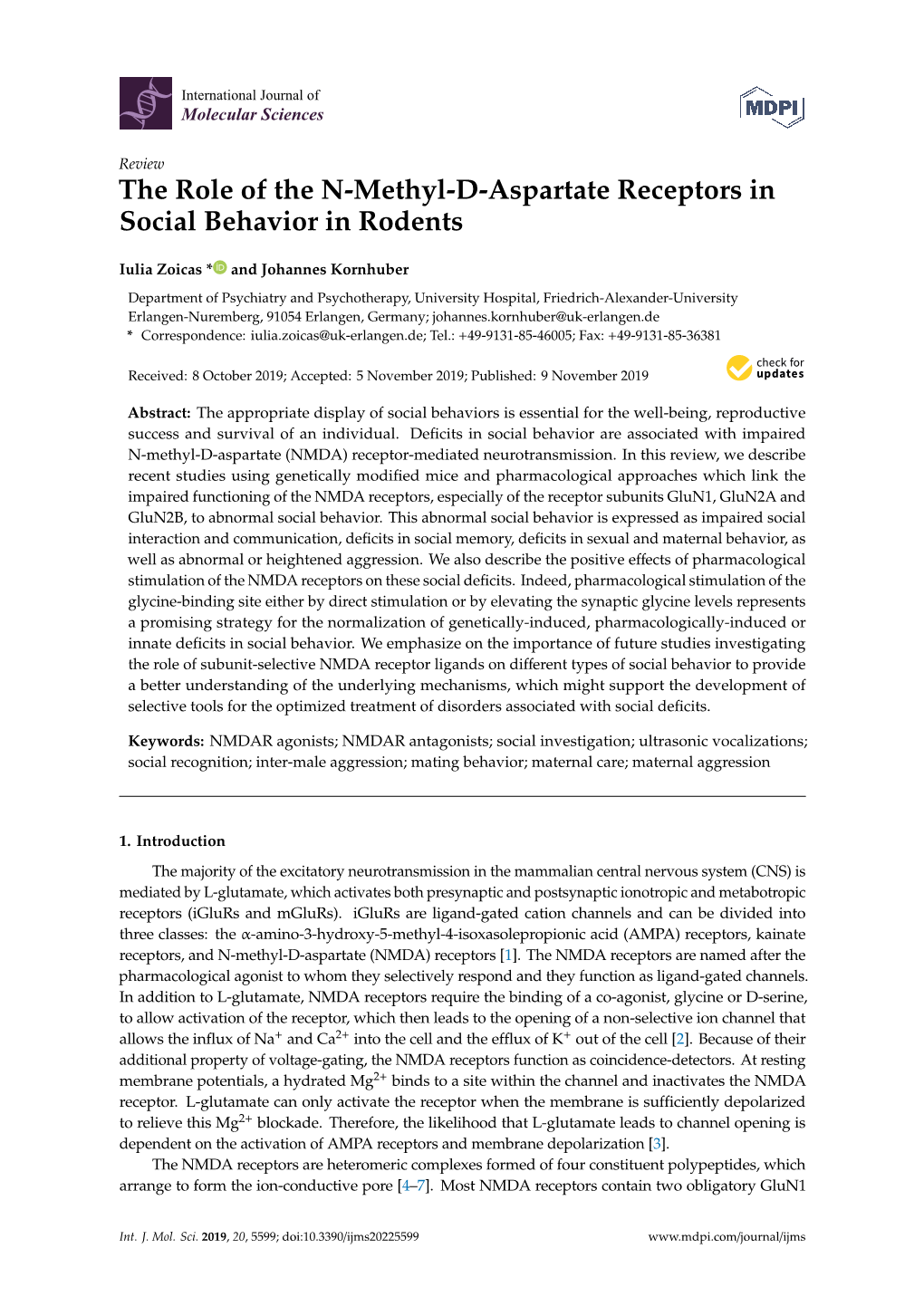 The Role of the N-Methyl-D-Aspartate Receptors in Social Behavior in Rodents