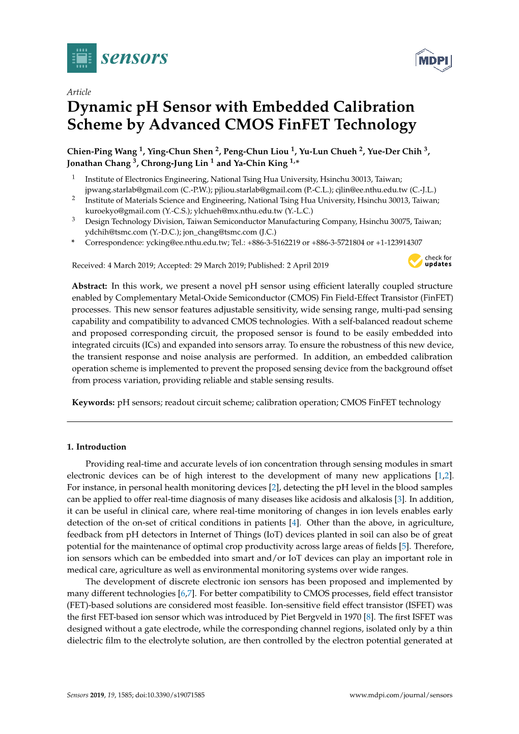 Dynamic Ph Sensor with Embedded Calibration Scheme by Advanced CMOS Finfet Technology