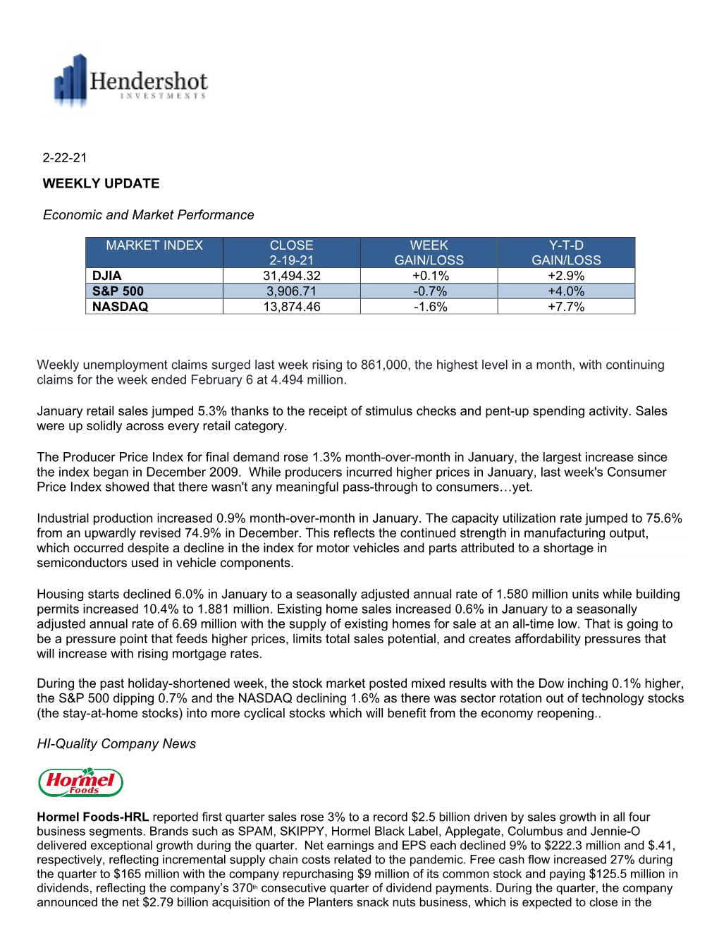 WEEKLY UPDATE Economic and Market Performance HI-Quality