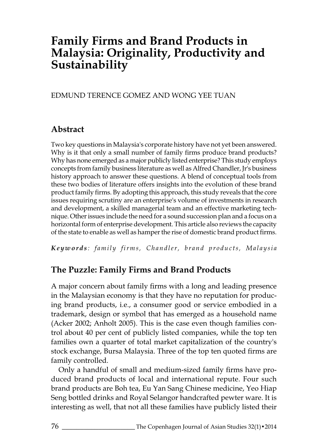 Family Firms and Brand Products in Malaysia: Originality, Productivity and Sustainability