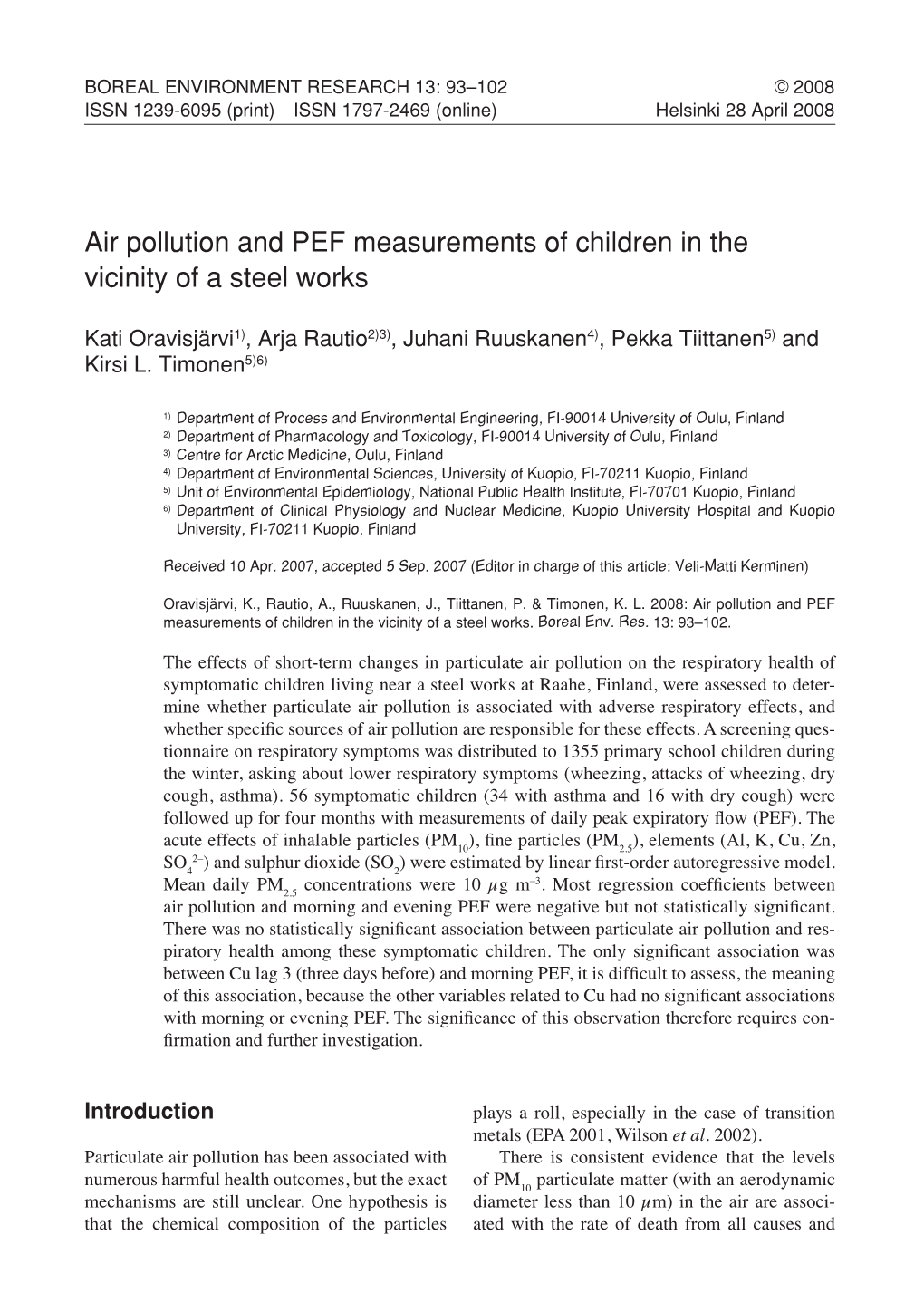 Air Pollution and PEF Measurements of Children in the Vicinity of a Steel Works