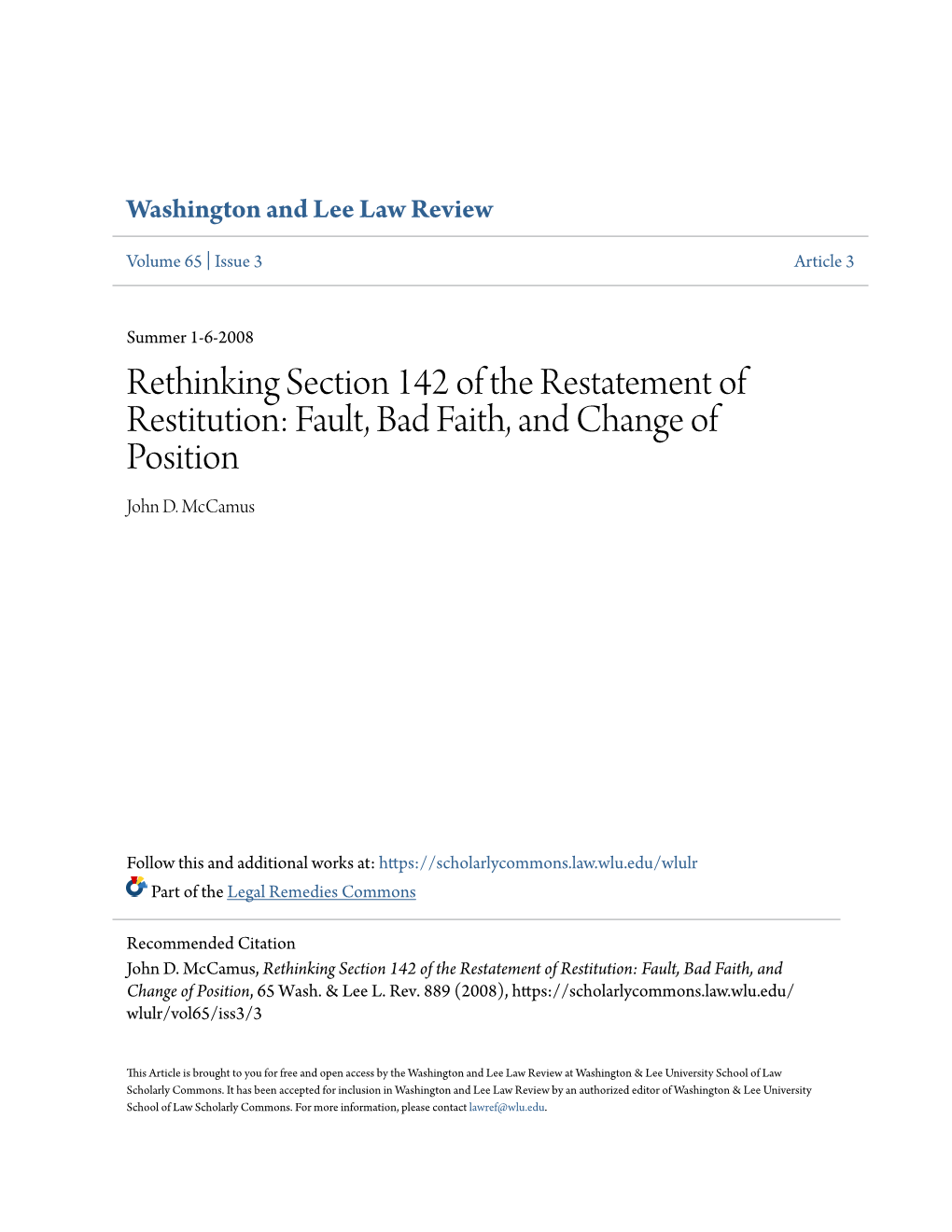 Rethinking Section 142 of the Restatement of Restitution: Fault, Bad Faith, and Change of Position John D