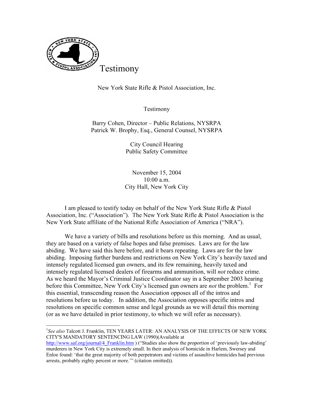 NYSRPA Testimony to New York City Council 11/15/2004