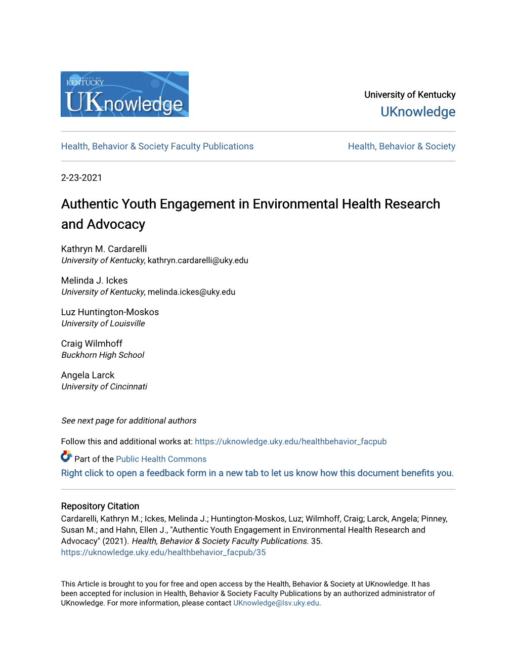 Authentic Youth Engagement in Environmental Health Research and Advocacy