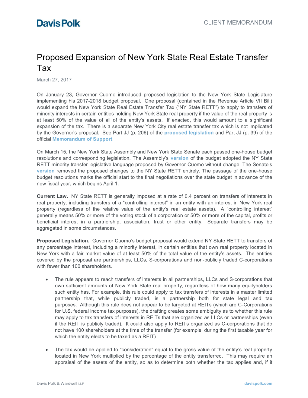 Proposed Expansion of New York State Real Estate Transfer Tax March 27, 2017