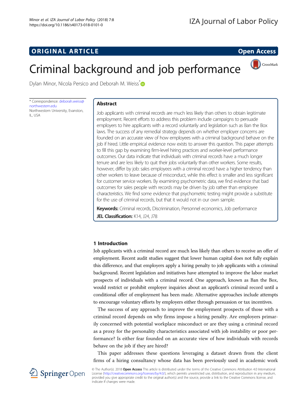 Criminal Background and Job Performance Dylan Minor, Nicola Persico and Deborah M