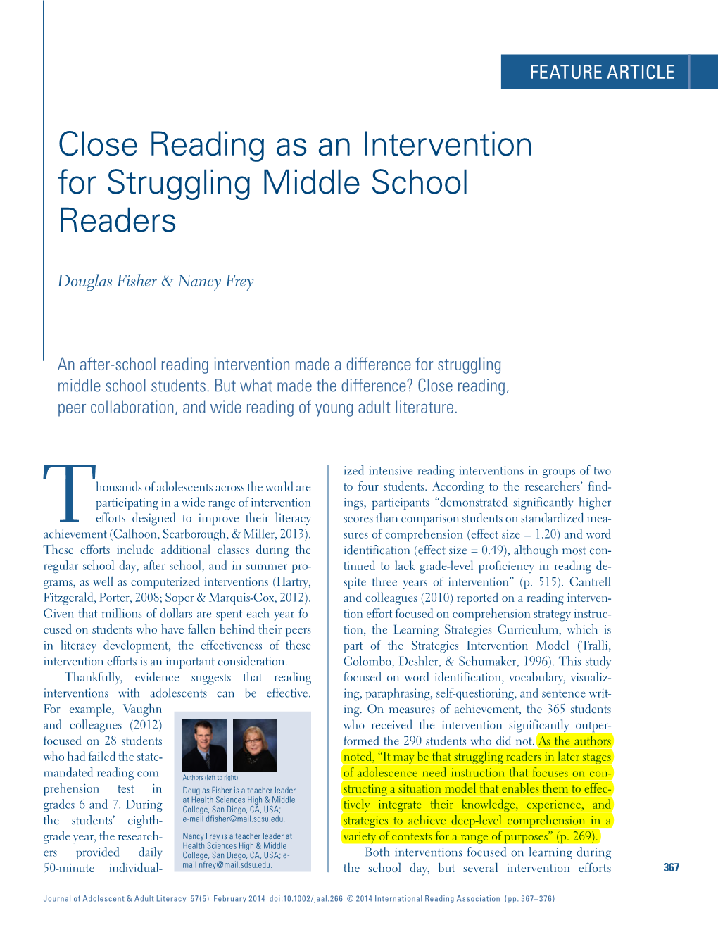 Close Reading As an Intervention for Struggling Middle School Readers