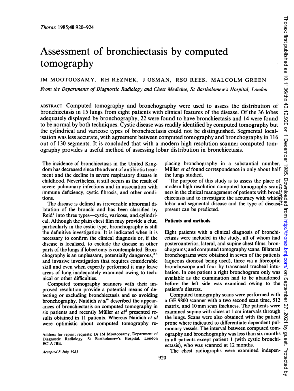 Assessment of Bronchiectasis by Computed Tomography