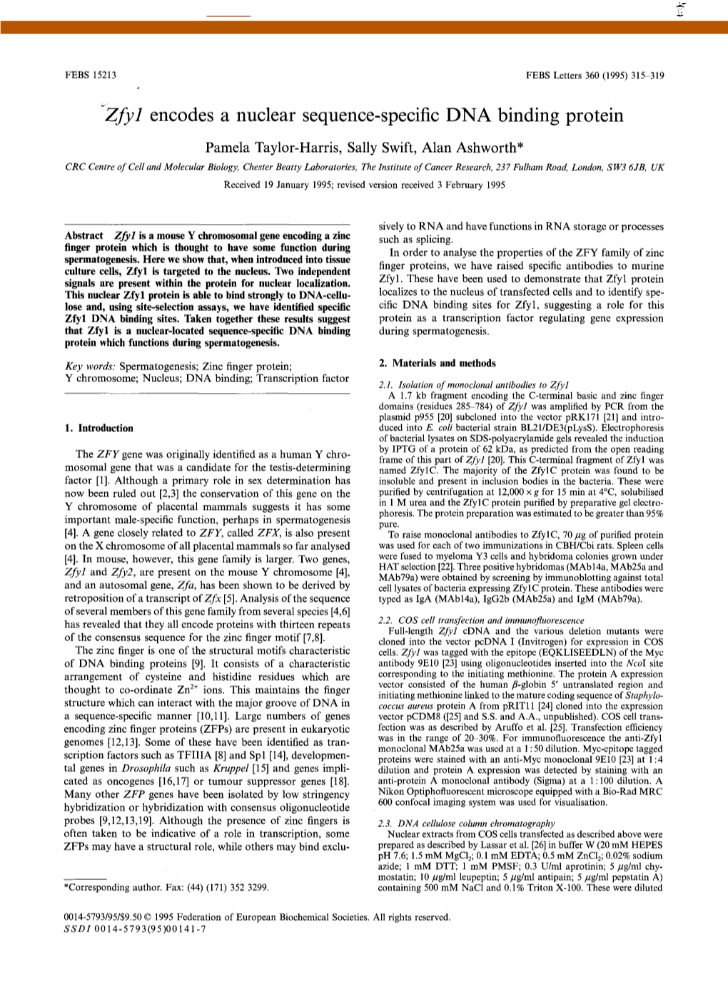 Zfyl Encodes a Nuclear Sequence-Specific DNA Binding