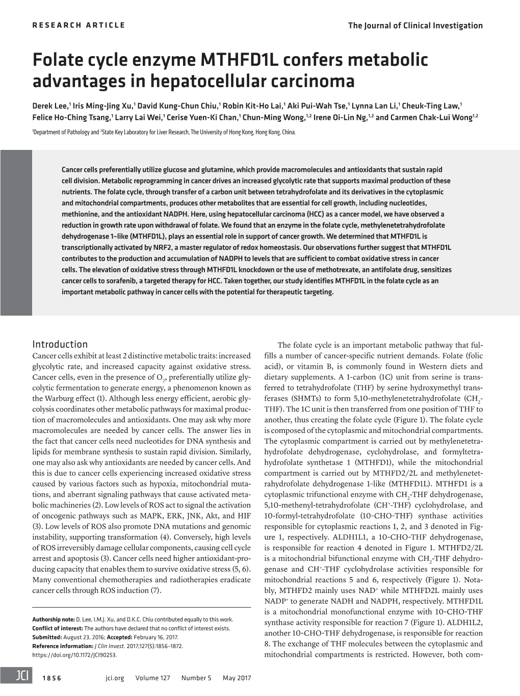 Folate Cycle Enzyme MTHFD1L Confers Metabolic Advantages in Hepatocellular Carcinoma