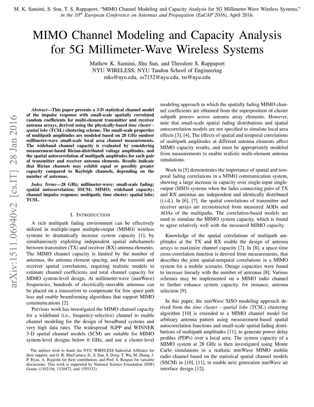 MIMO Channel Modeling and Capacity Analysis for 5G Millimeter