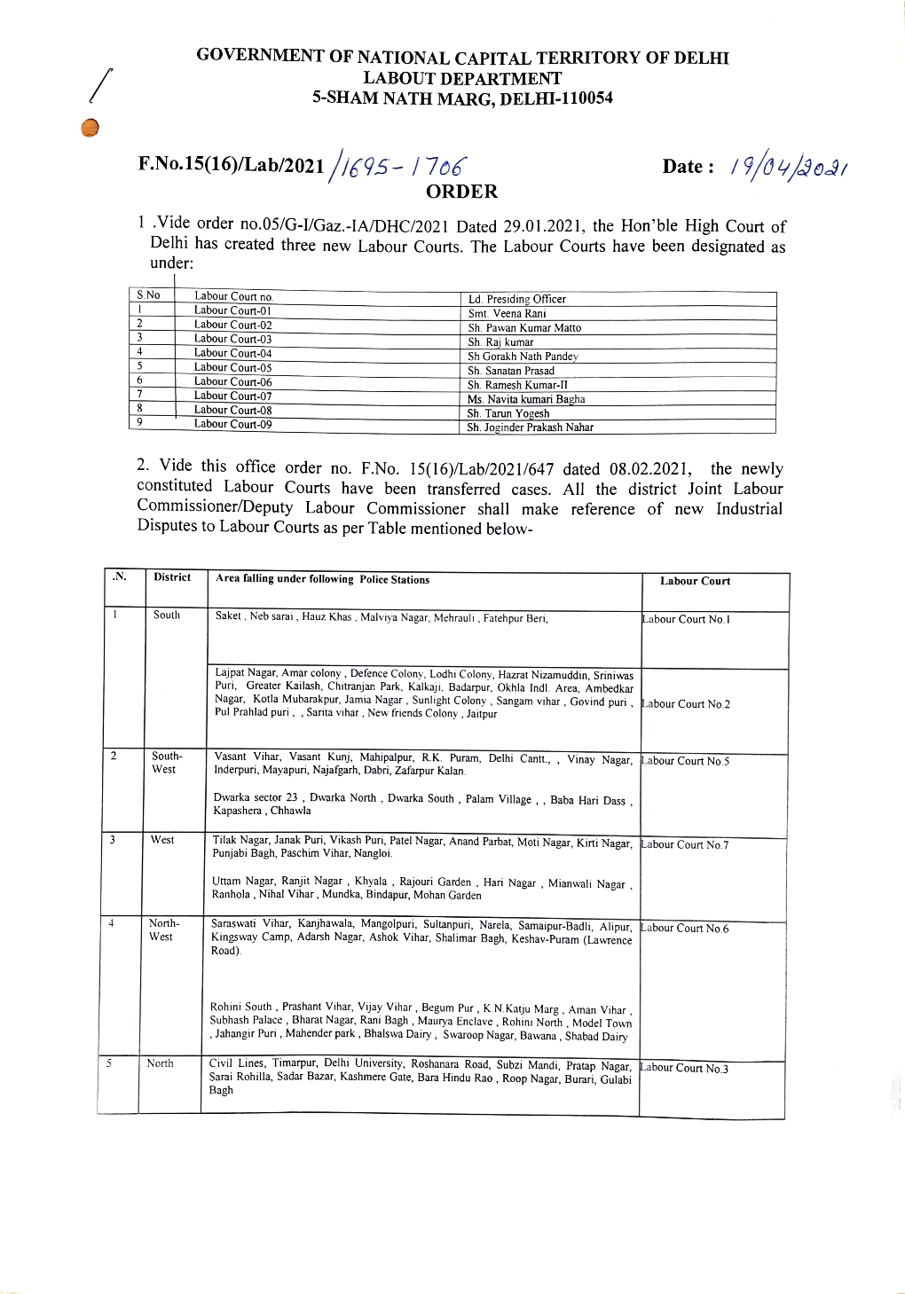 Date:/9/04/031 ORDER 1 .Vide Order No.05/G-Gaz.-IA/DHC/2021 Dated 29.01.2021, the Hon'ble High Court of Delhi Has Created Three New Labour Courts