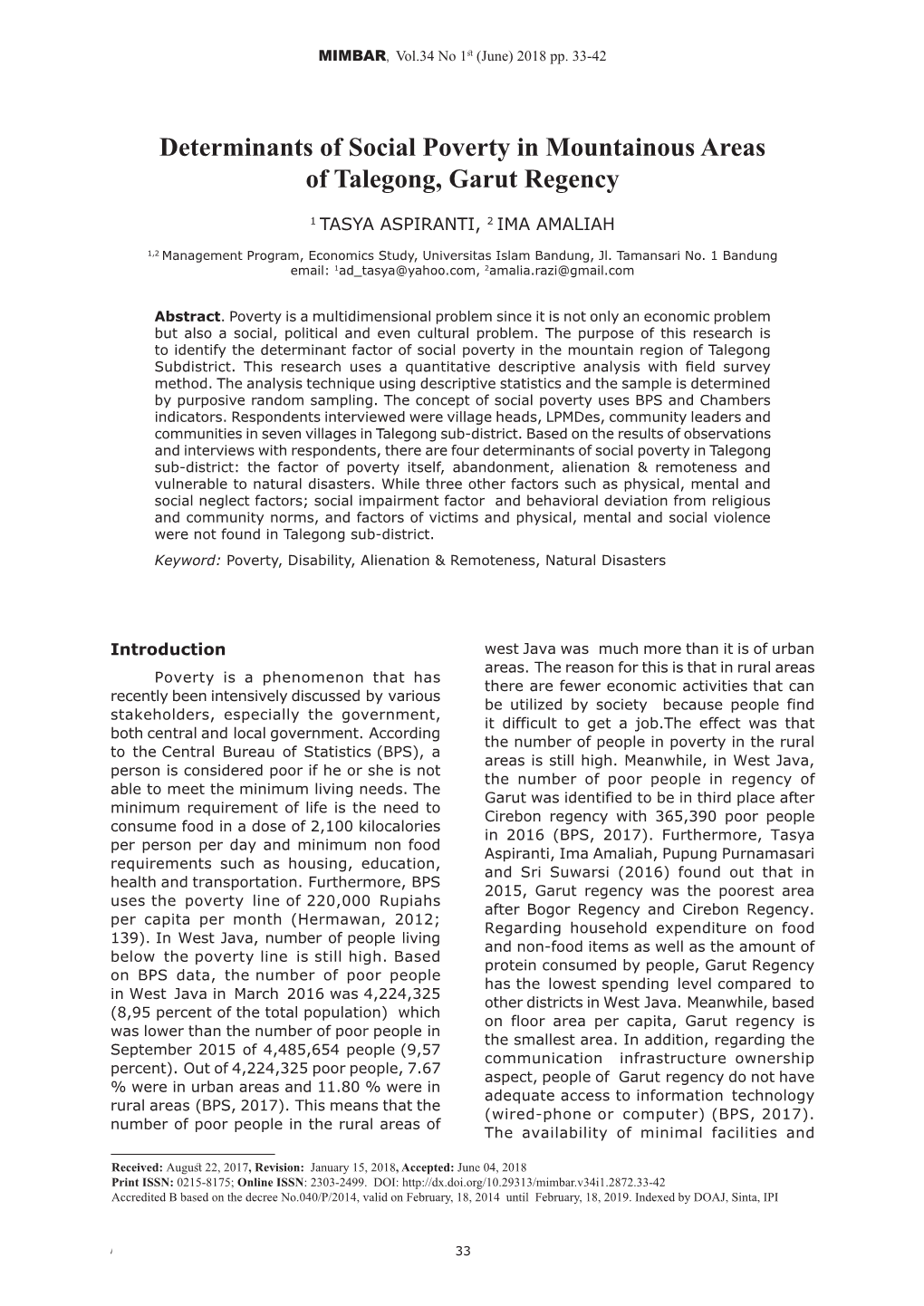 Determinants of Social Poverty in Mountainous Areas of Talegong, Garut Regency