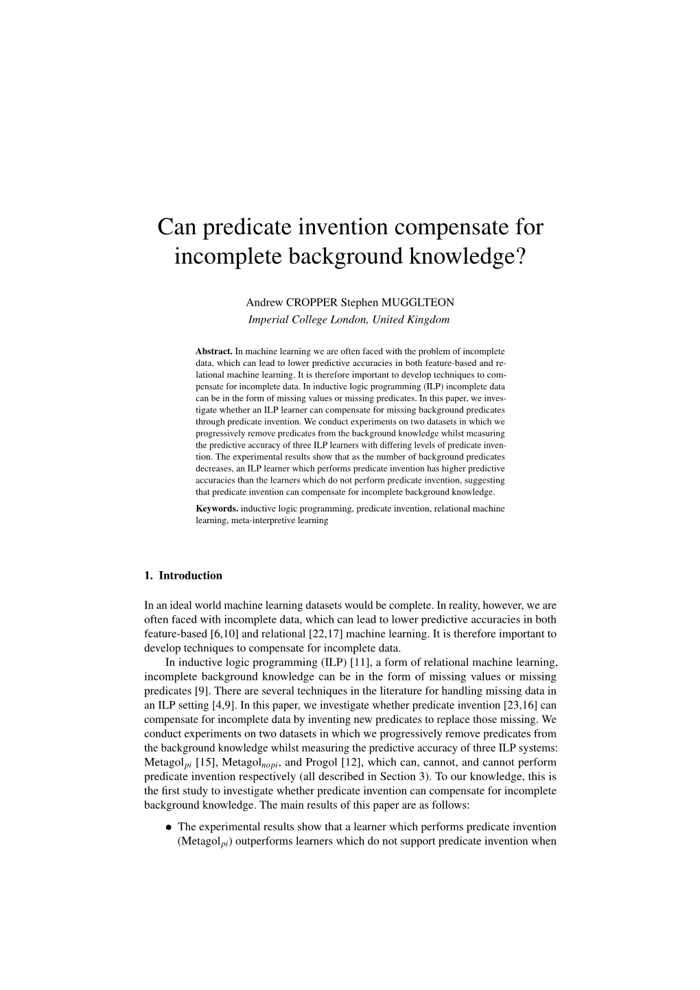 Can Predicate Invention Compensate for Incomplete Background Knowledge?