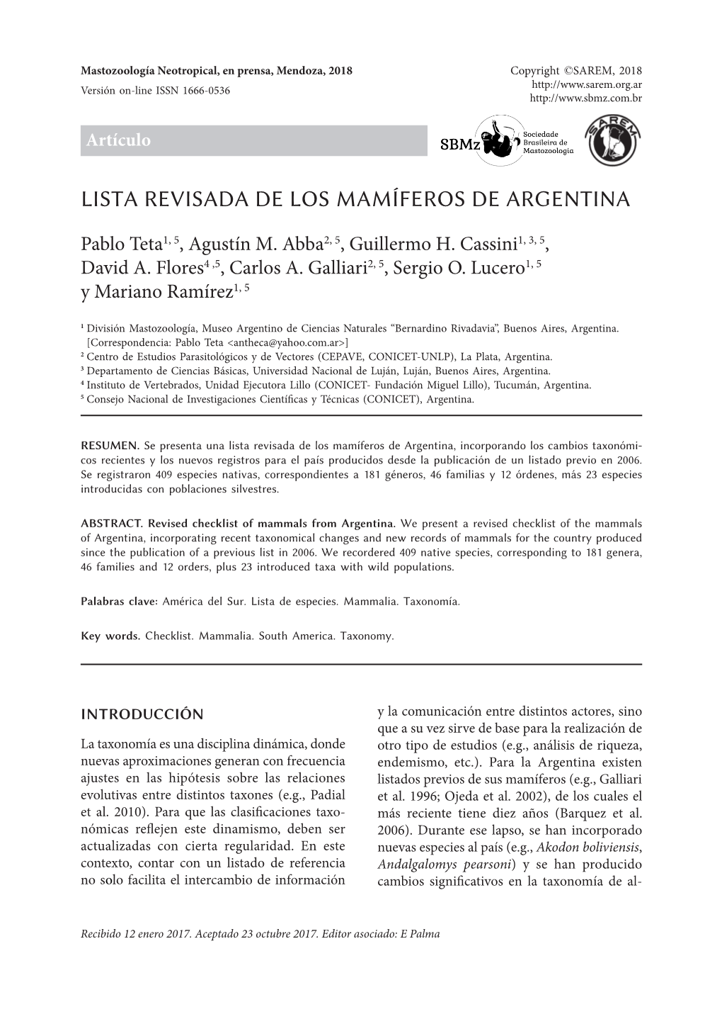 Lista Revisada De Los Mamíferos De Argentina