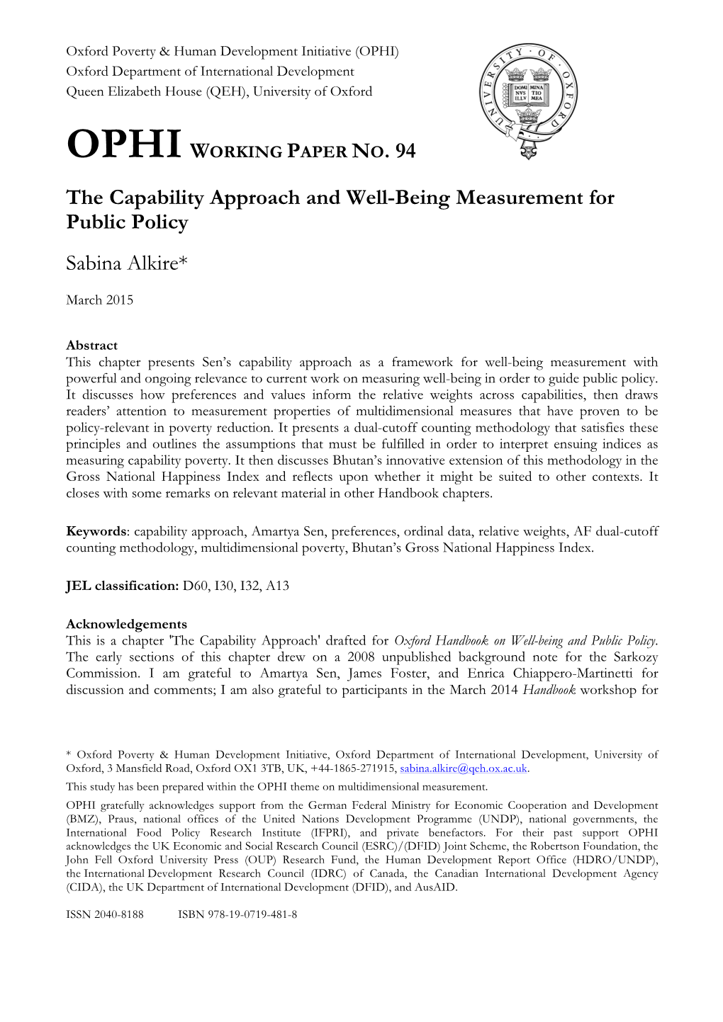 The Capability Approach and Well-Being Measurement for Public Policy