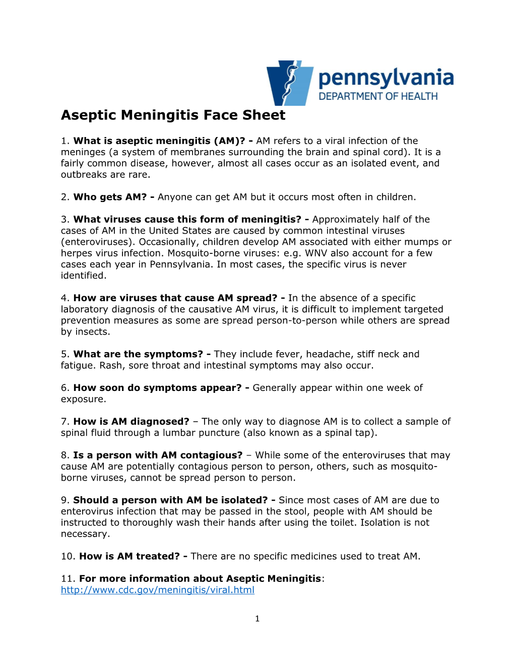 Aseptic Meningitis Face Sheet