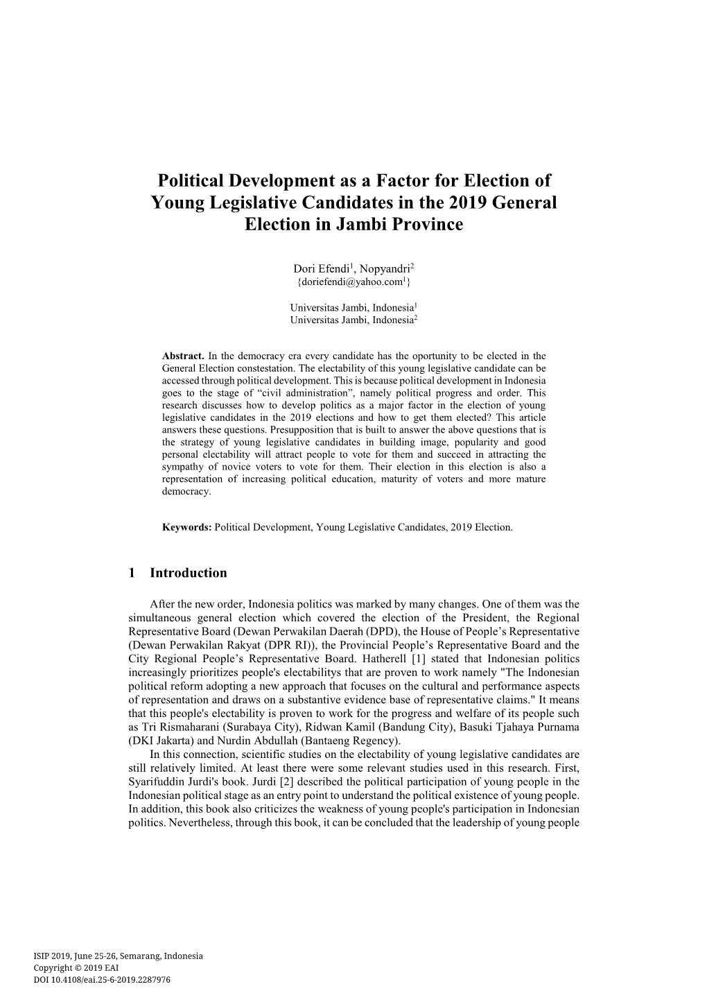 Political Development As a Factor for Election of Young Legislative Candidates in the 2019 General Election in Jambi Province