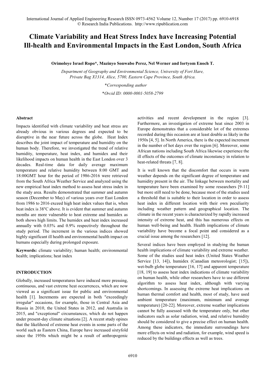 Climate Variability and Heat Stress Index Have Increasing Potential Ill-Health and Environmental Impacts in the East London, South Africa