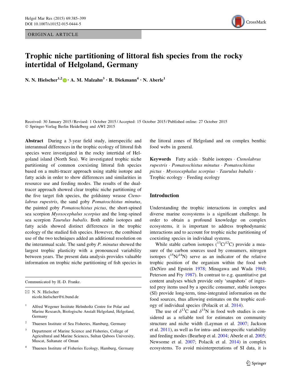 Trophic Niche Partitioning of Littoral Fish Species from the Rocky Intertidal Of