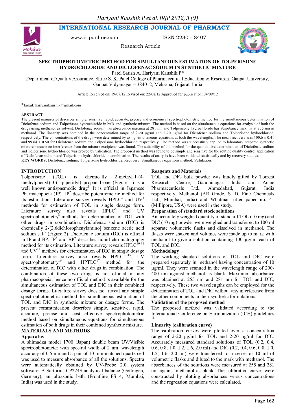 Spectrophotometric Method for Simultaneous