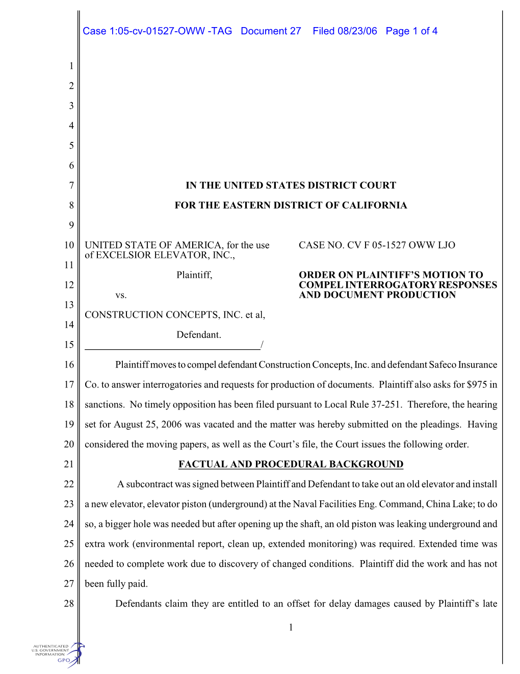 Case 1:05-Cv-01527-OWW -TAG Document 27 Filed 08/23/06 Page 1 of 4