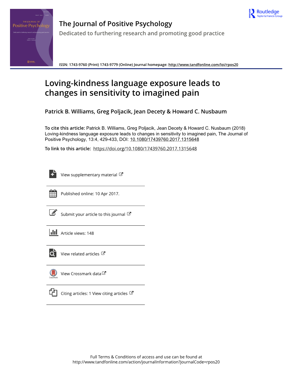 Loving-Kindness Language Exposure Leads to Changes in Sensitivity to Imagined Pain