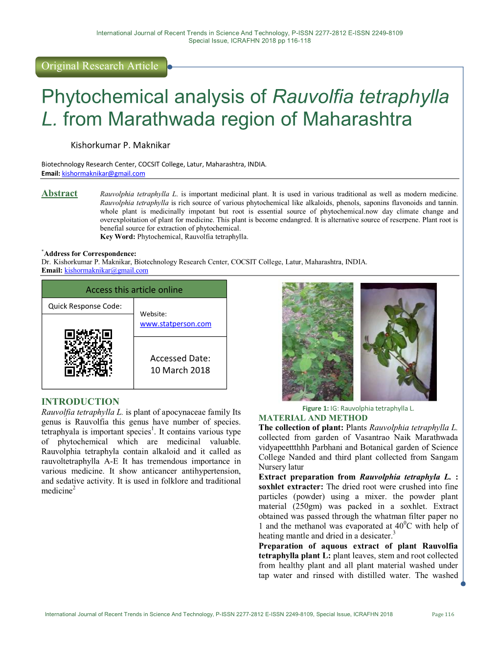 Phytochemical Analysis of Rauvolfia Tetraphylla L. from Marathwada Region of Maharashtra