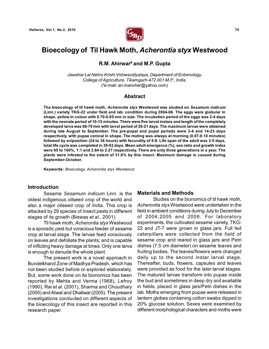 Bioecology of Til Hawk Moth, Acherontia Styx Westwood