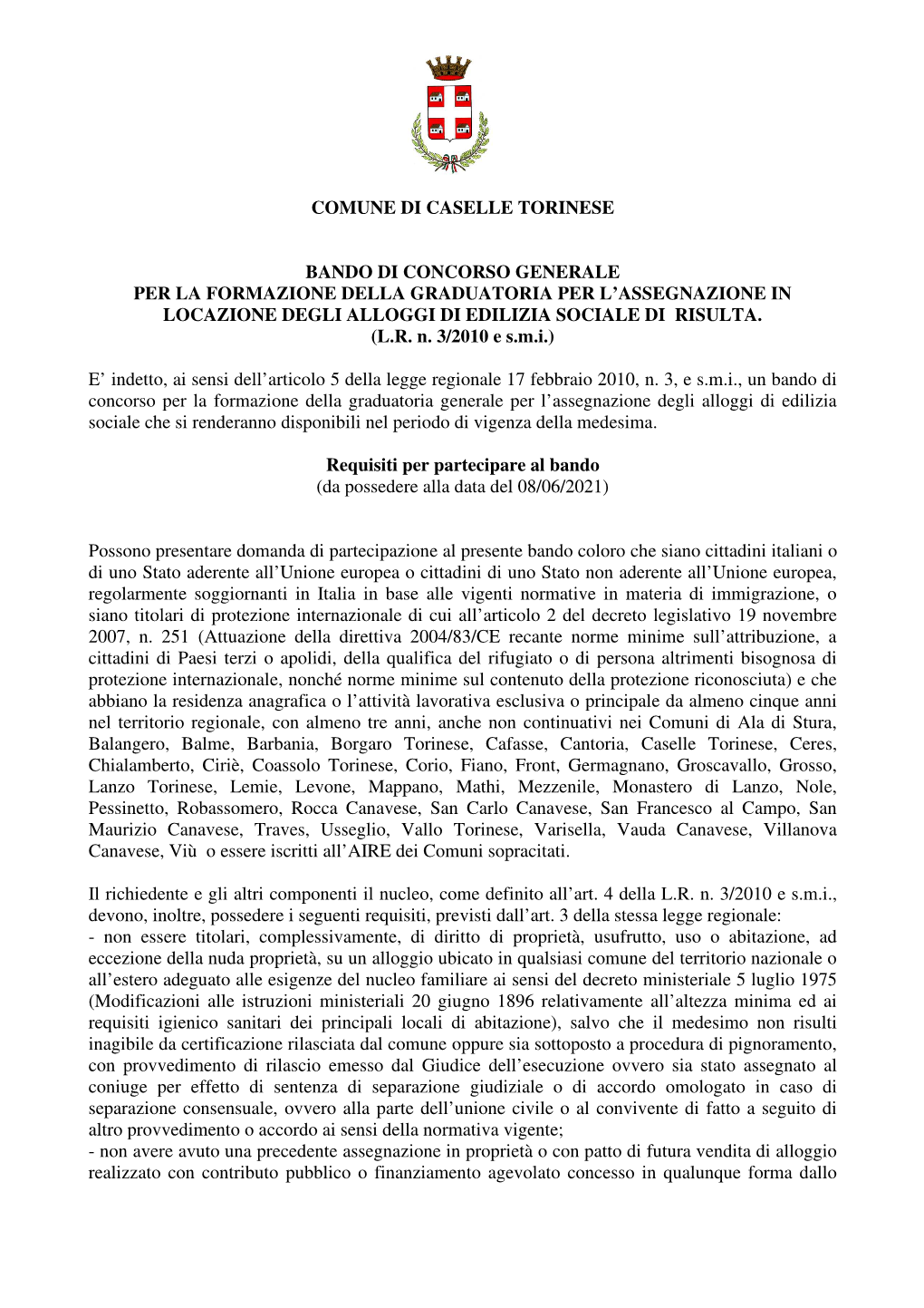 Comune Di Caselle Torinese Bando Di Concorso