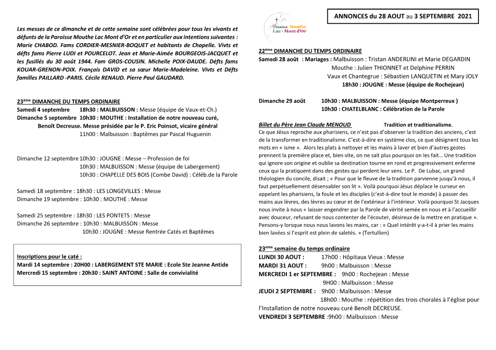 ANNONCES Du 28 AOUT Au 3 SEPTEMBRE 2021