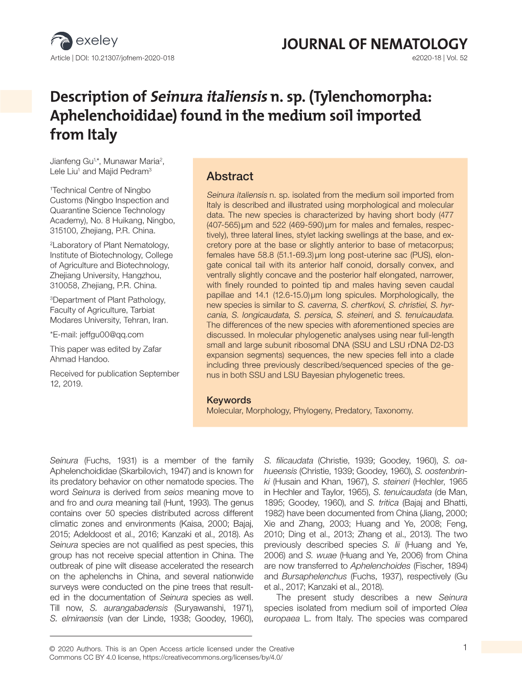 Description of Seinura Italiensis N. Sp.(Tylenchomorpha