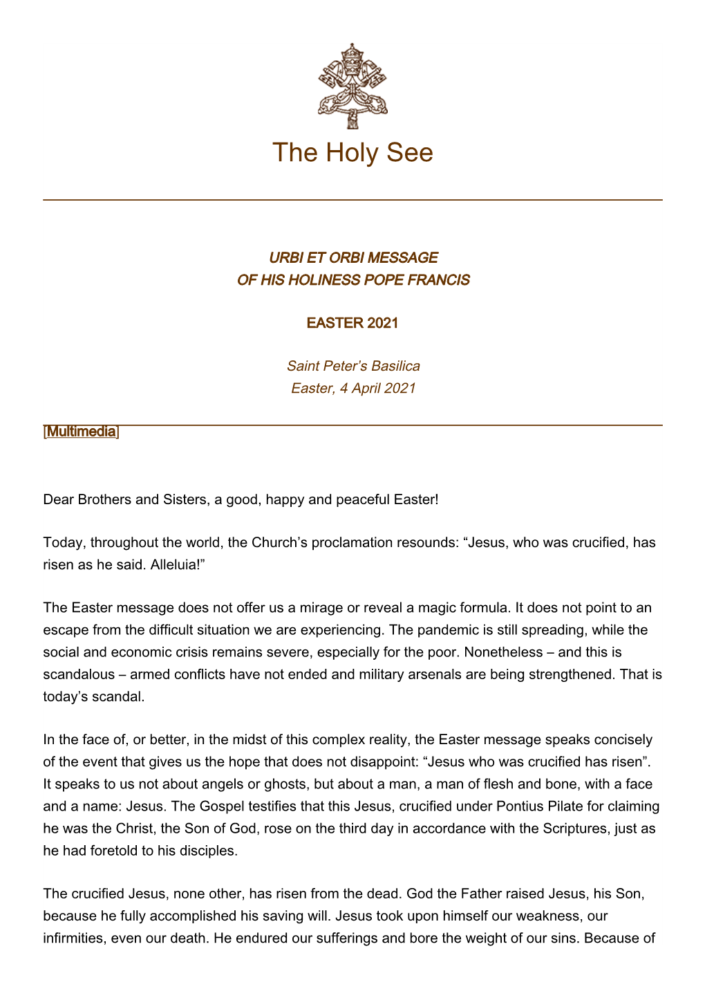 Urbi Et Orbi Message of His Holiness Pope Francis