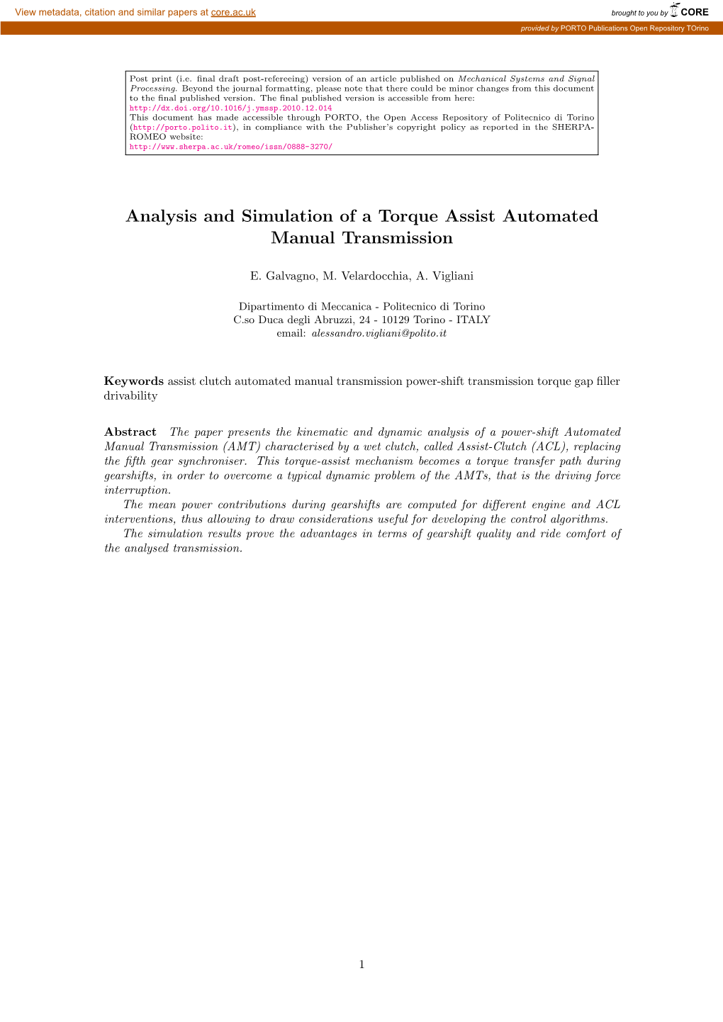 Analysis and Simulation of a Torque Assist Automated Manual Transmission