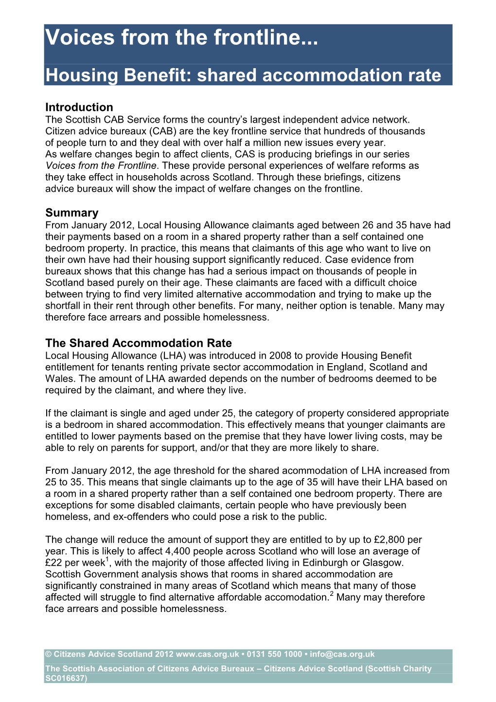 Voices from the Frontline... Housing Benefit: Shared Accommodation Rate