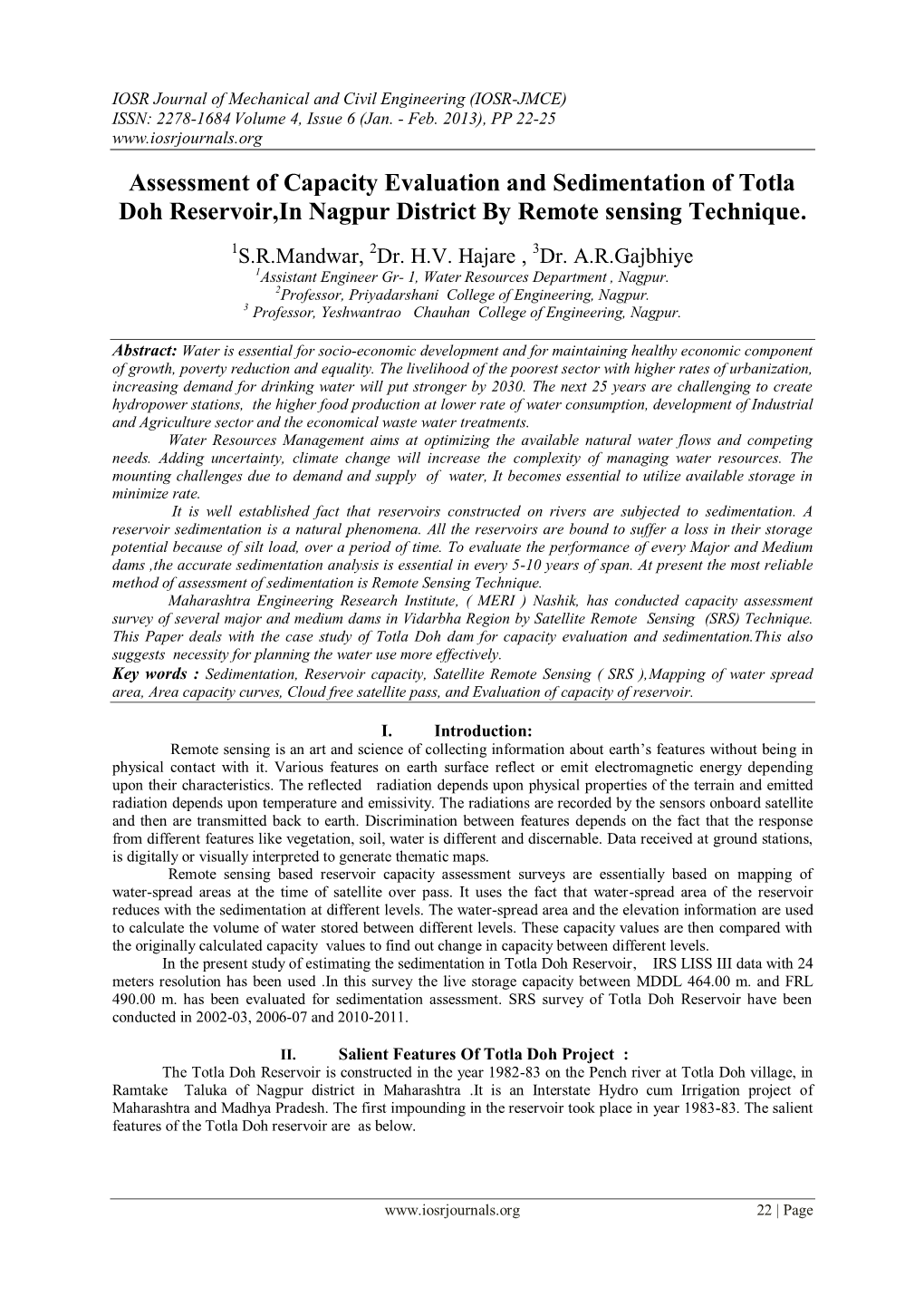 Assessment of Capacity Evaluation and Sedimentation of Totla Doh Reservoir,In Nagpur District by Remote Sensing Technique