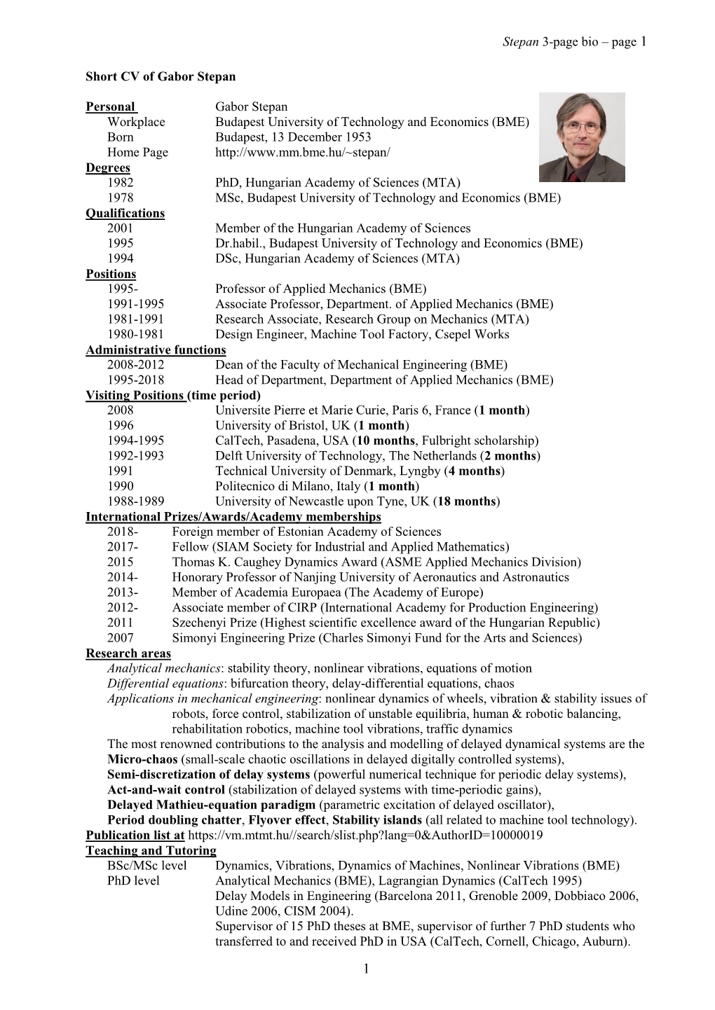 Stepan 3-Page Bio – Page 1 Short CV of Gabor Stepan Personal Gabor