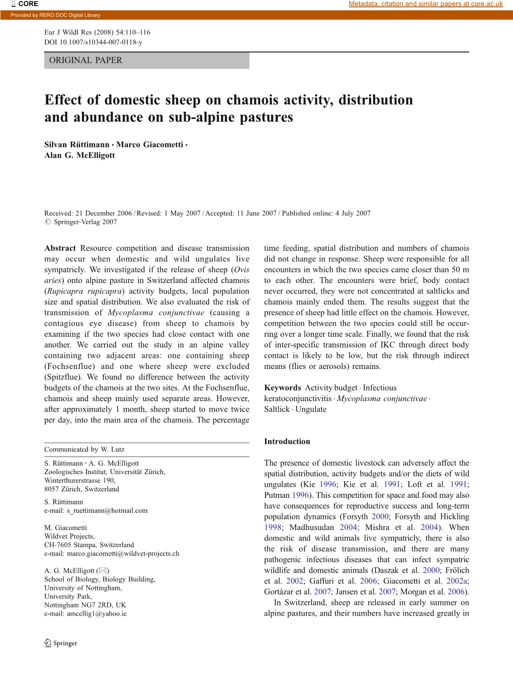 Effect of Domestic Sheep on Chamois Activity, Distribution and Abundance on Sub-Alpine Pastures