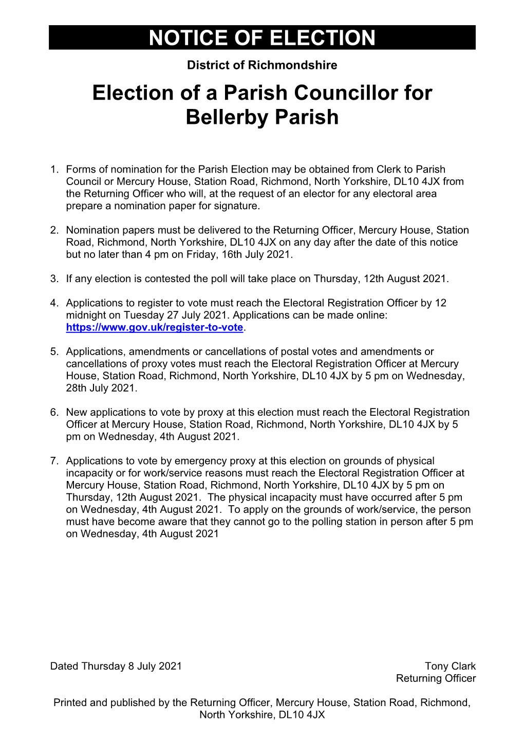 Notice of Election of a Parish Councillor for Bellerby