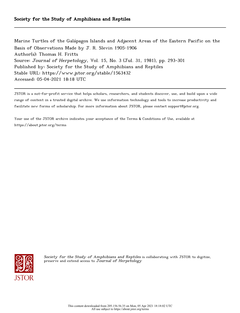 Marine Turtles of the Galápagos Islands and Adjacent Areas of the Eastern Pacific on the Basis of Observations Made by J