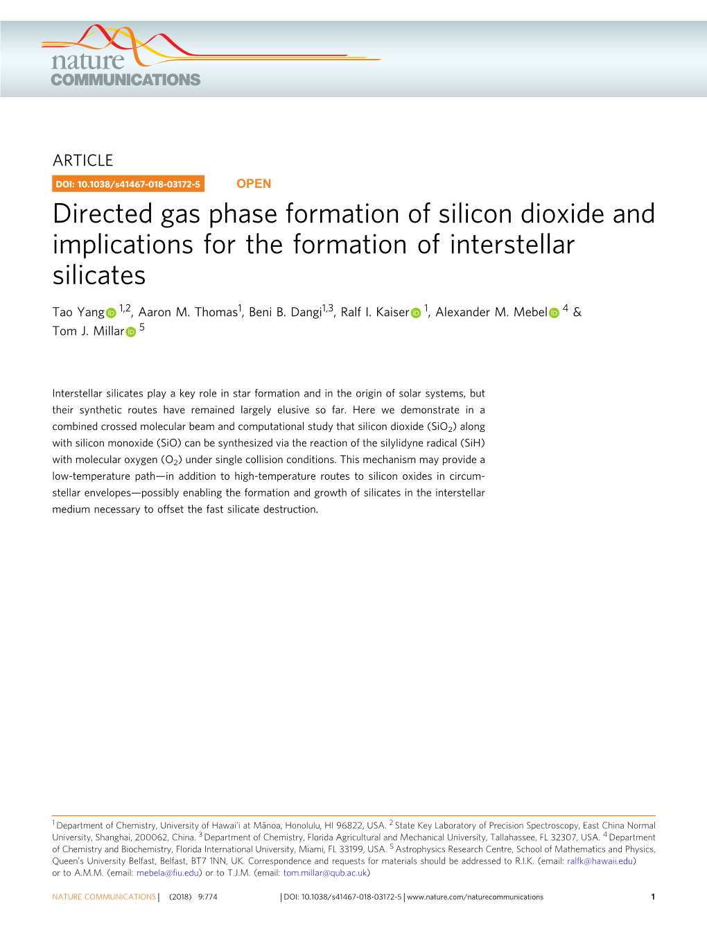 Directed Gas Phase Formation of Silicon Dioxide and Implications for the Formation of Interstellar Silicates