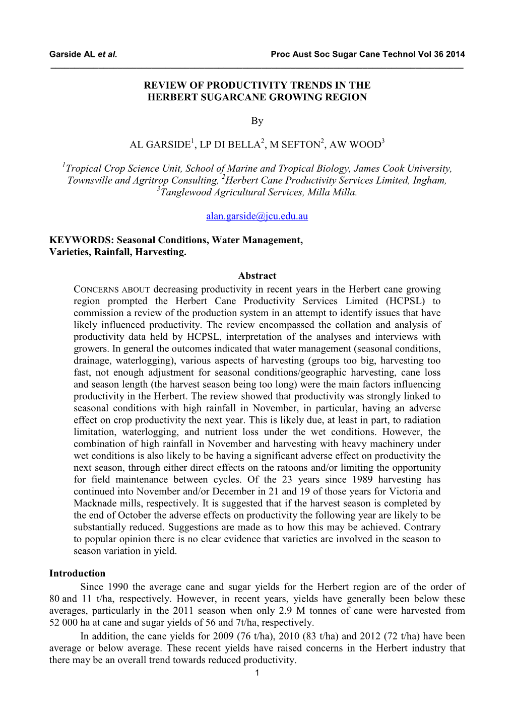 Review of Productivity Trends in the Herbert Sugarcane Growing Region