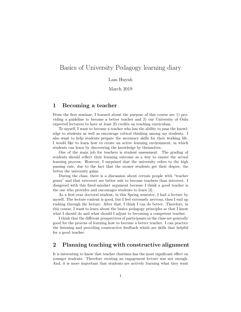 Basics of University Pedagogy Learning Diary