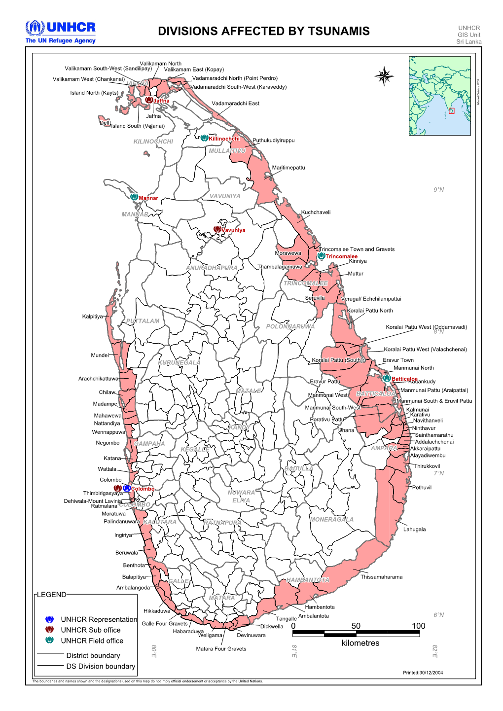 DIVISIONS AFFECTED by TSUNAMIS GIS Unit Sri Lanka