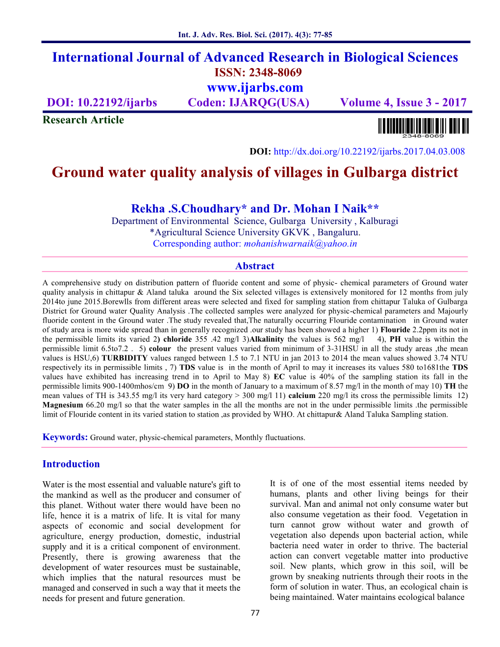 Ground Water Quality Analysis of Villages in Gulbarga District