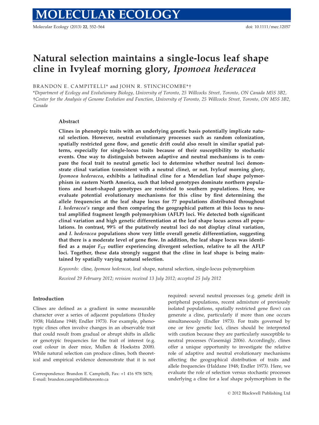 Natural Selection Maintains a Singlelocus Leaf Shape Cline In