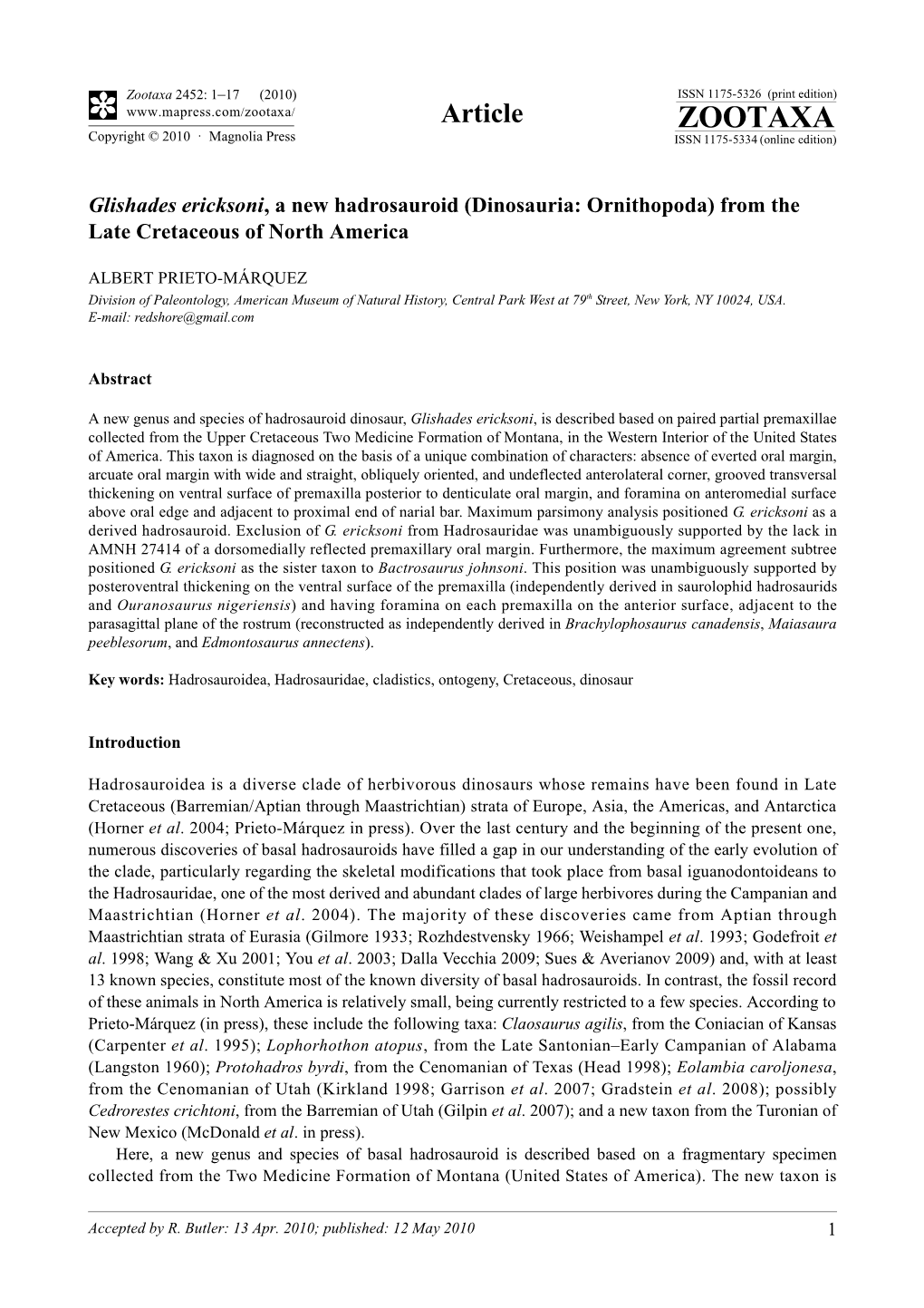 Zootaxa, Glishades Ericksoni, a New Hadrosauroid