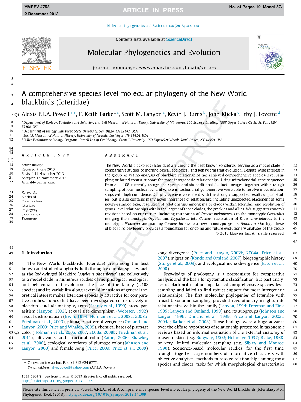 A Comprehensive Species-Level Molecular Phylogeny of the New World