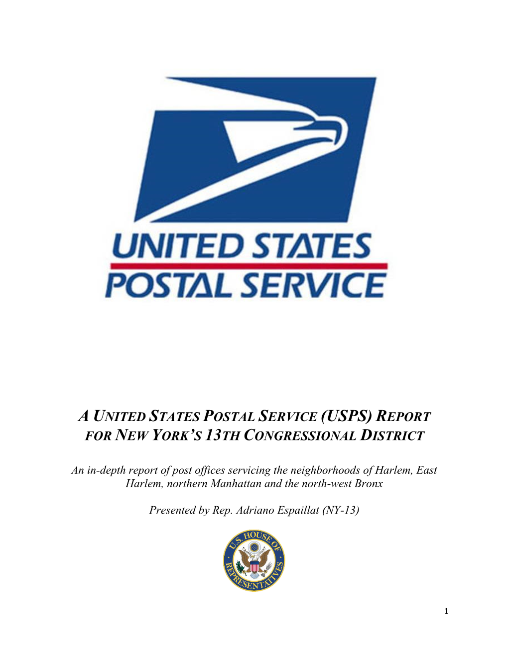 Usps) Report for New York’S 13Th Congressional District